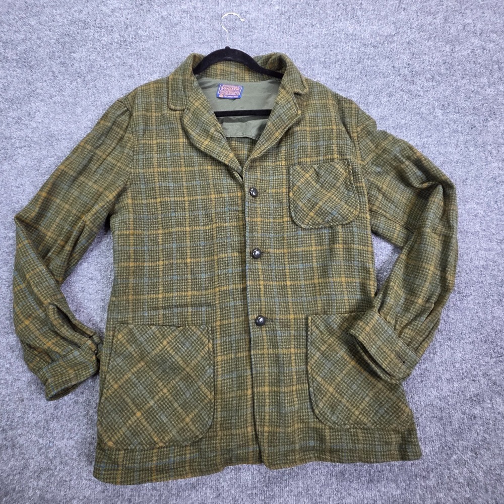 VTG Pendleton Coat Shacket Green Plaid Virgin Wool 4 Pocket 70s LS Mens Medium
